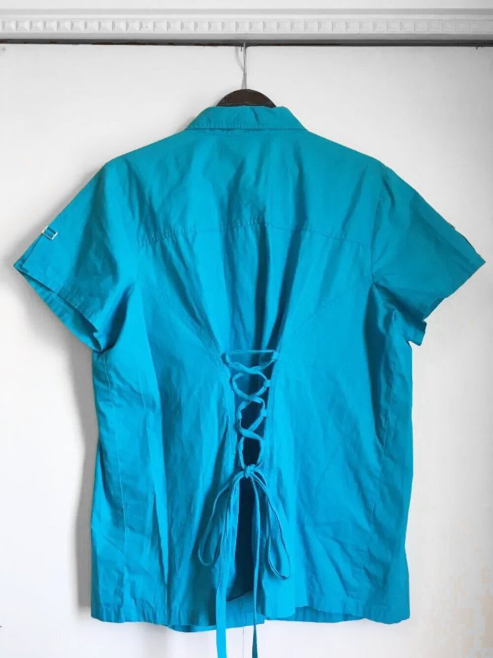 MXM Aqua Blue Button Up Babydoll Fit Corset Tie Back Top Blouse Shirt Size 22